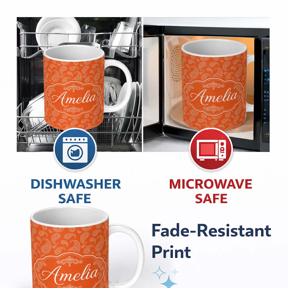 Personalized Custom Name Elegant White Paisley Pattern Sunset Orange Gradient Background 11oz Ceramic Coffee Tea Mug White Large Handle