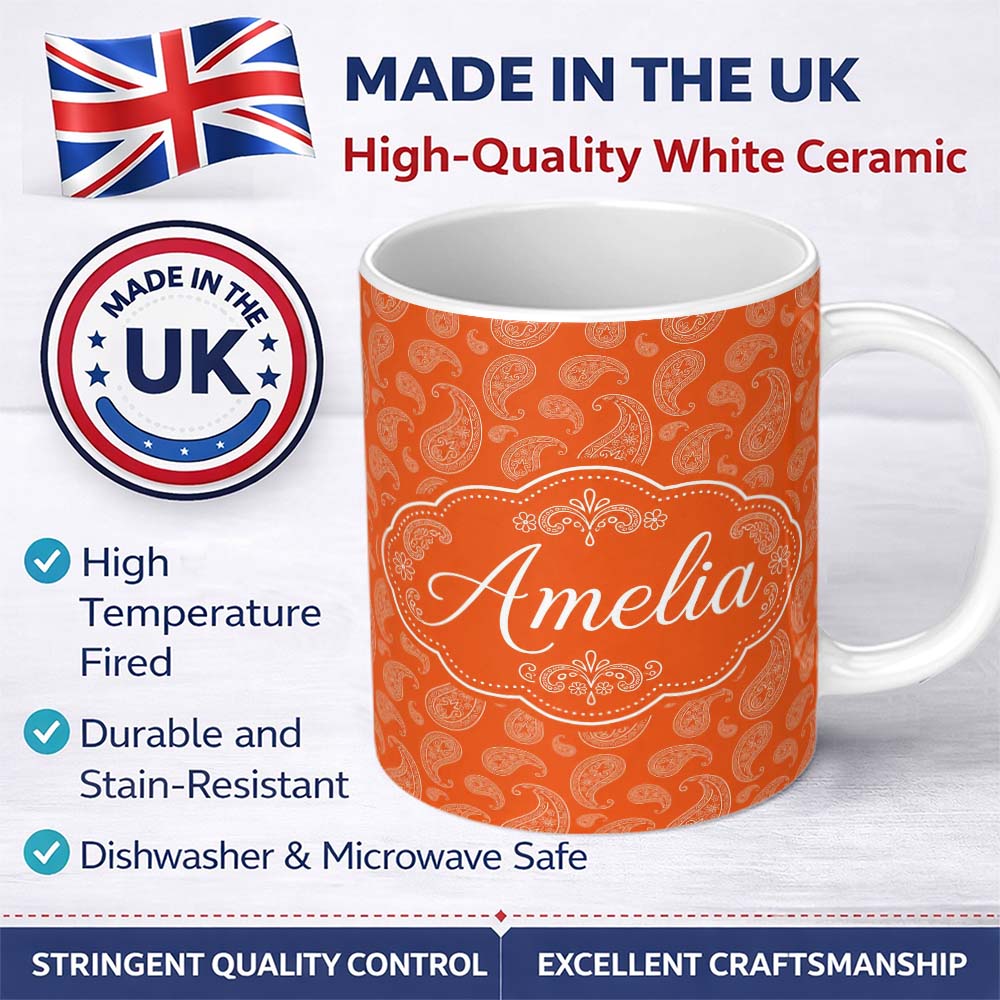 Personalized Custom Name Elegant White Paisley Pattern Sunset Orange Gradient Background 11oz Ceramic Coffee Tea Mug White Large Handle