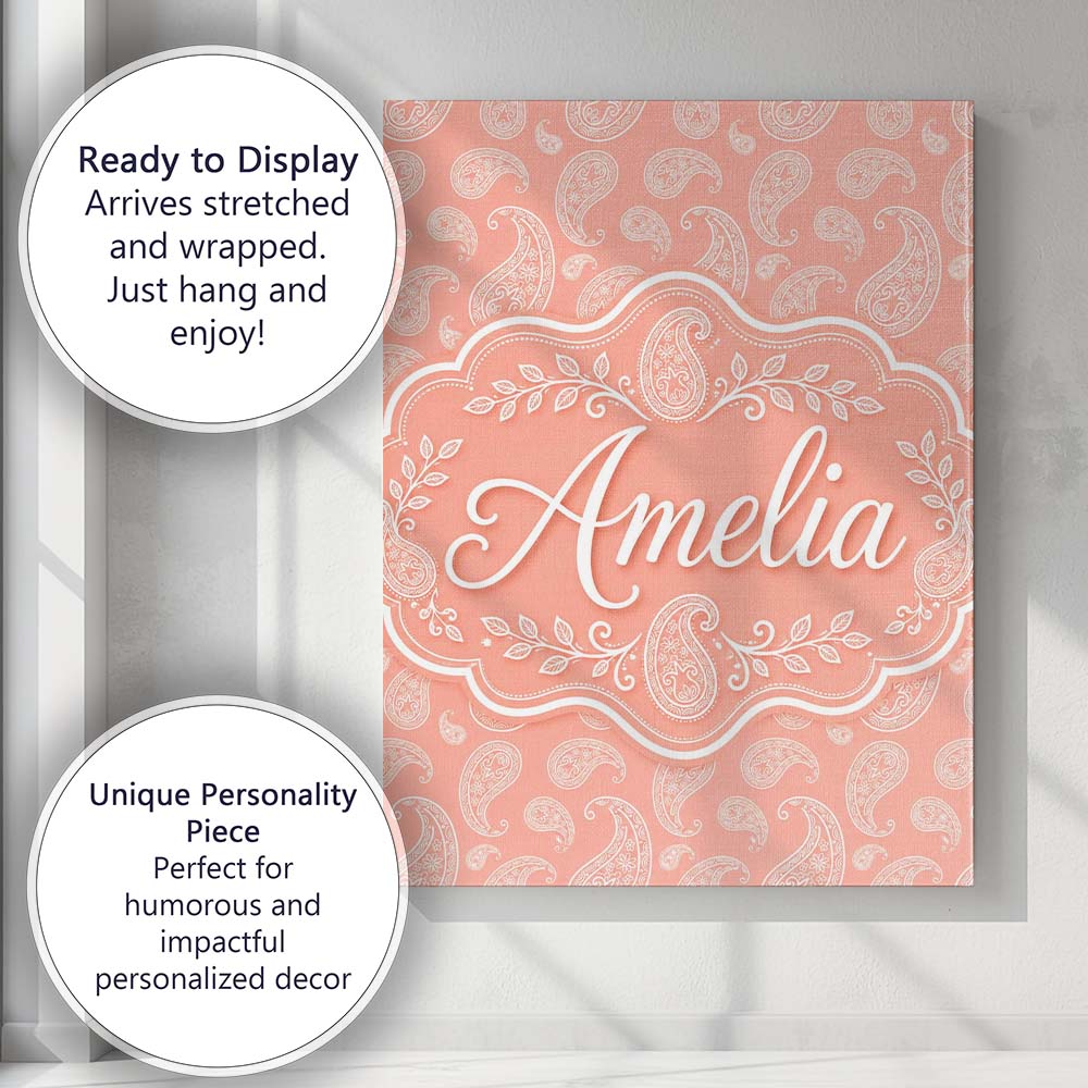 Personalised Name Elegant White Paisley Custom Unique Gift Idea Modern Room Accent Canvas Wall Art Print Decor Picture Ready to Hang