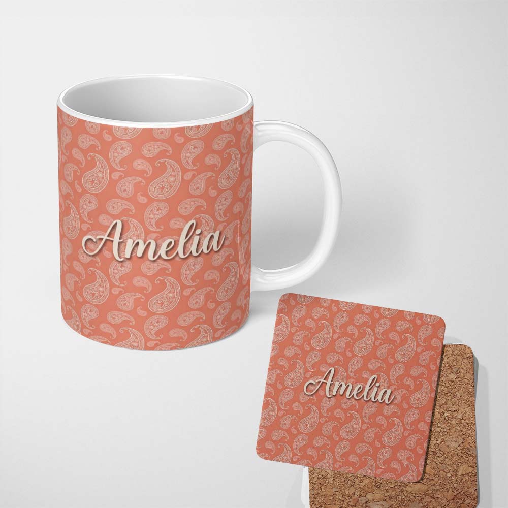 Personalized Custom Name Elegant White Paisley Pattern Warm Coral Gradient Background 11oz Ceramic Coffee Tea Mug White Large Handle