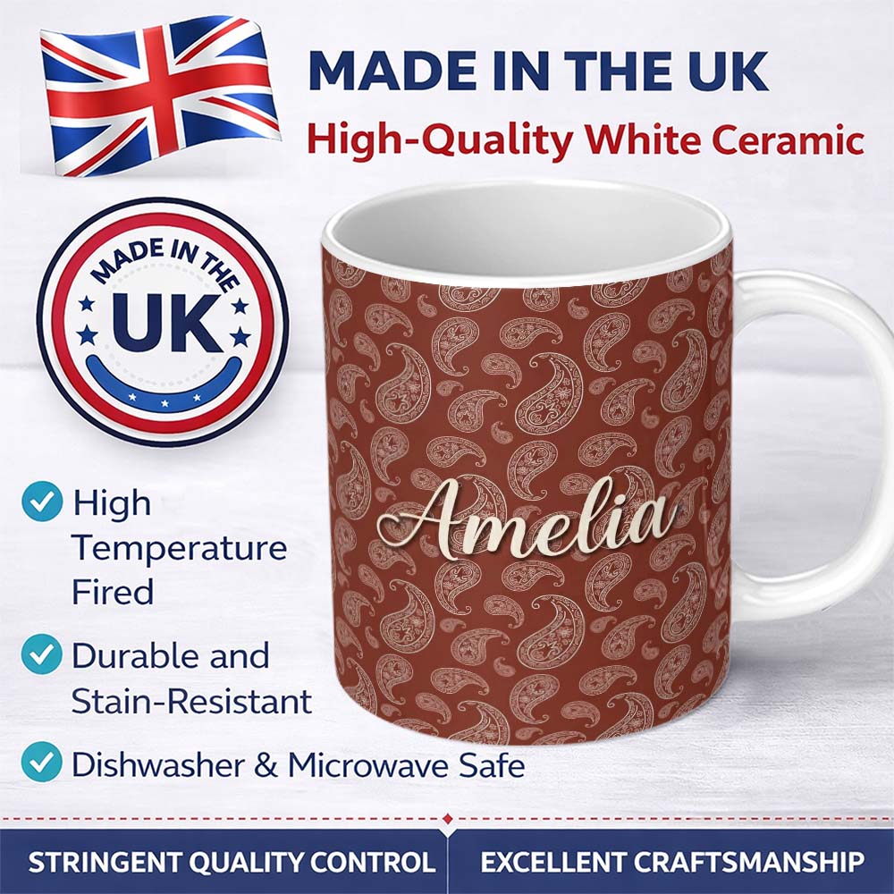 Personalized Custom Name Elegant White Paisley Pattern Deep Rust Brown Gradient Background 11oz Ceramic Coffee Tea Mug White Large Handle