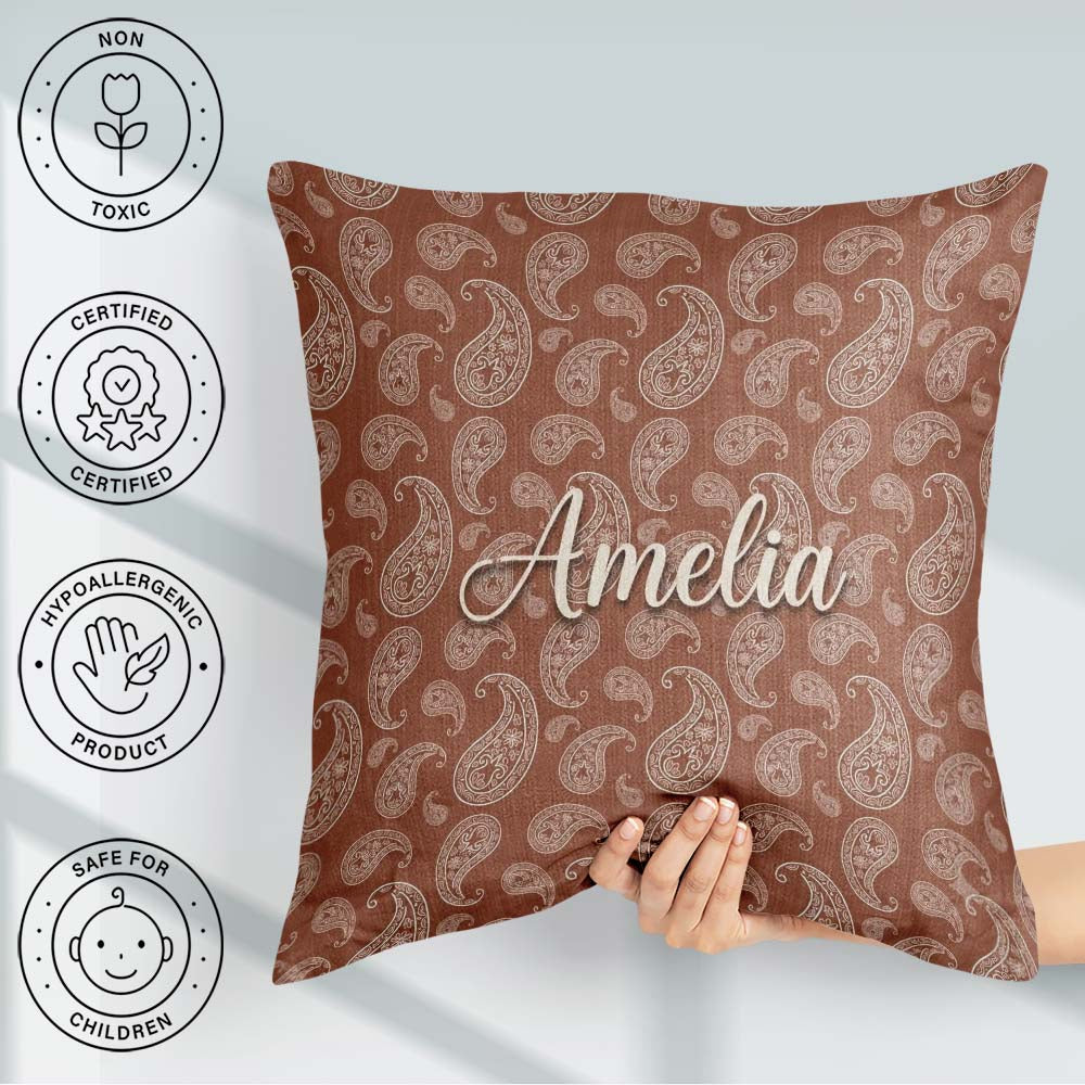Custom Name Elegant White Paisley Rich Brown Gradient Background Square Filled Cushion Throw Pillow Sofa Bed Home Decor Zip Washable UK Made