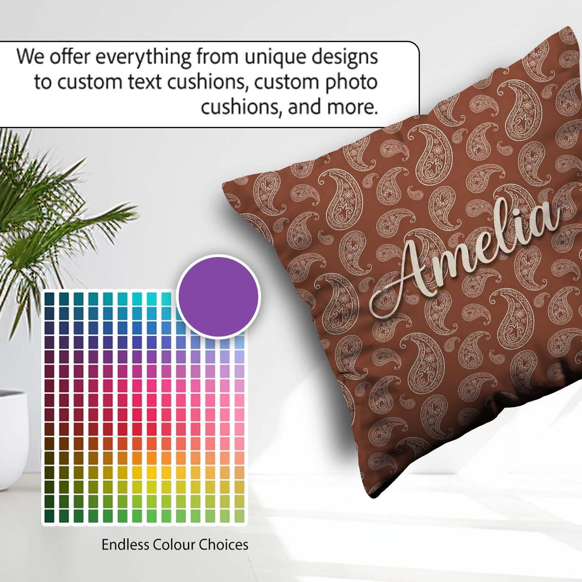 Custom Name Elegant White Paisley Rich Brown Gradient Background Square Filled Cushion Throw Pillow Sofa Bed Home Decor Zip Washable UK Made