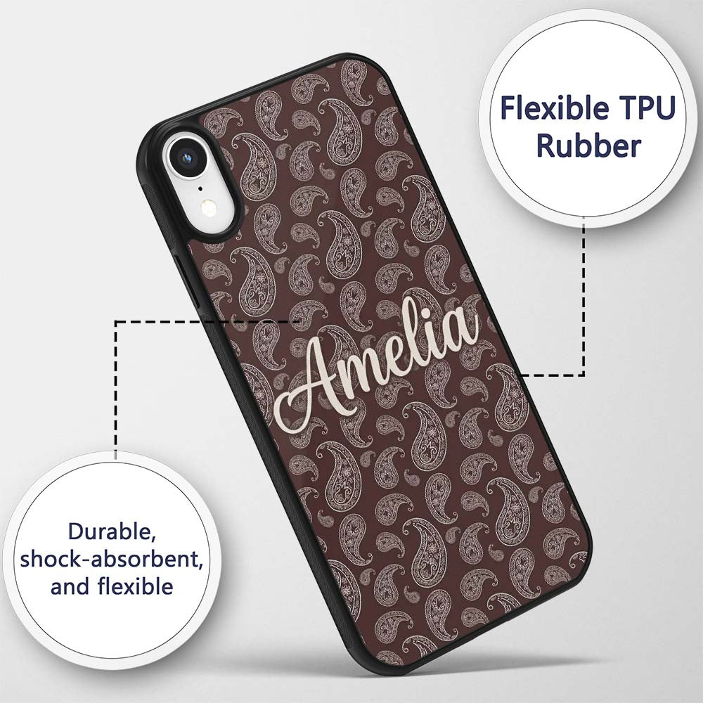 Elegant White Paisley Pattern Deep Chocolate Custom Name Protective Phone Case Mobile Cover Durable Everyday Smartphone Shock Resistant