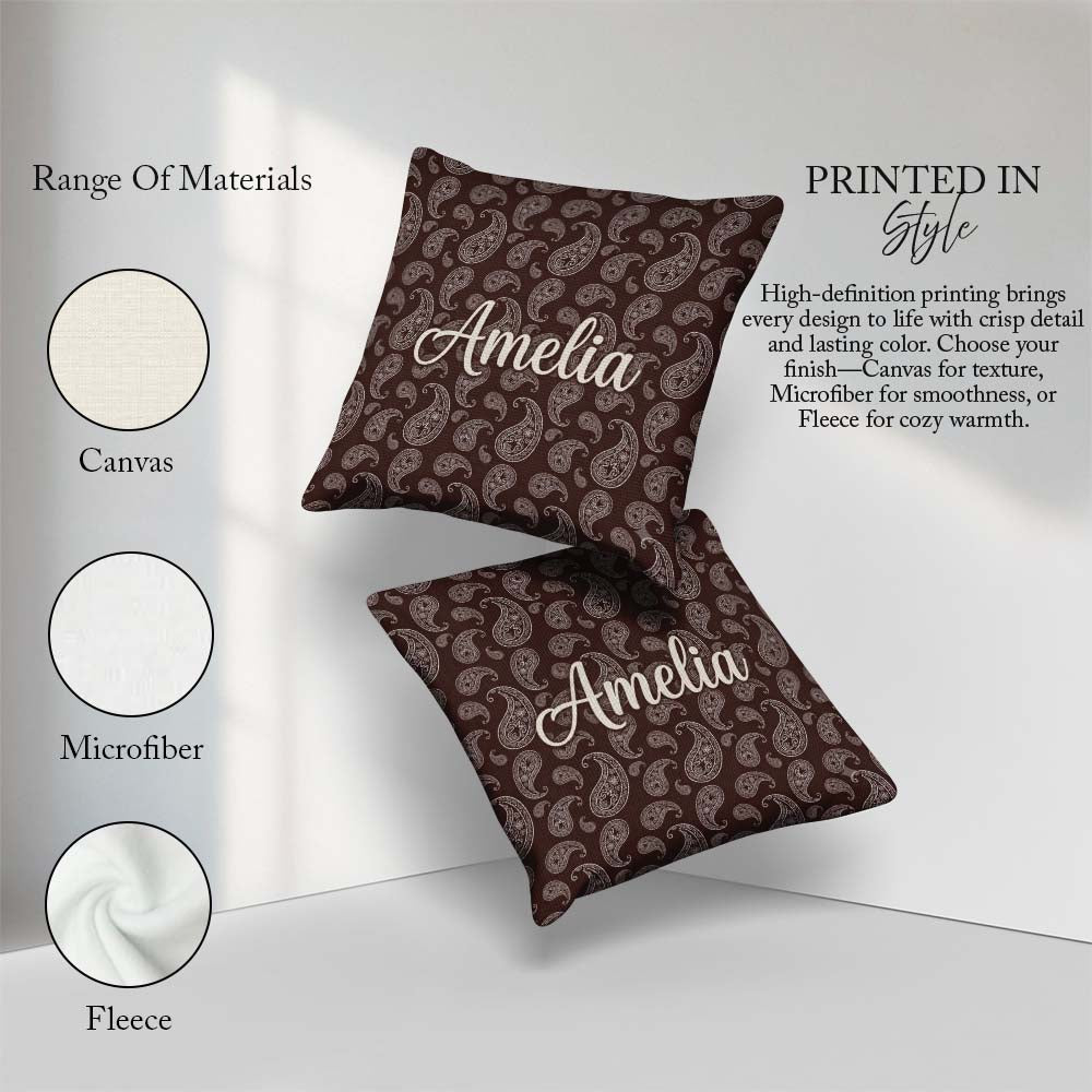 Custom Name Elegant White Paisley Deep Chocolate Brown Gradient Square Filled Cushion Throw Pillow Sofa Bed Home Decor Zip Washable UK Made