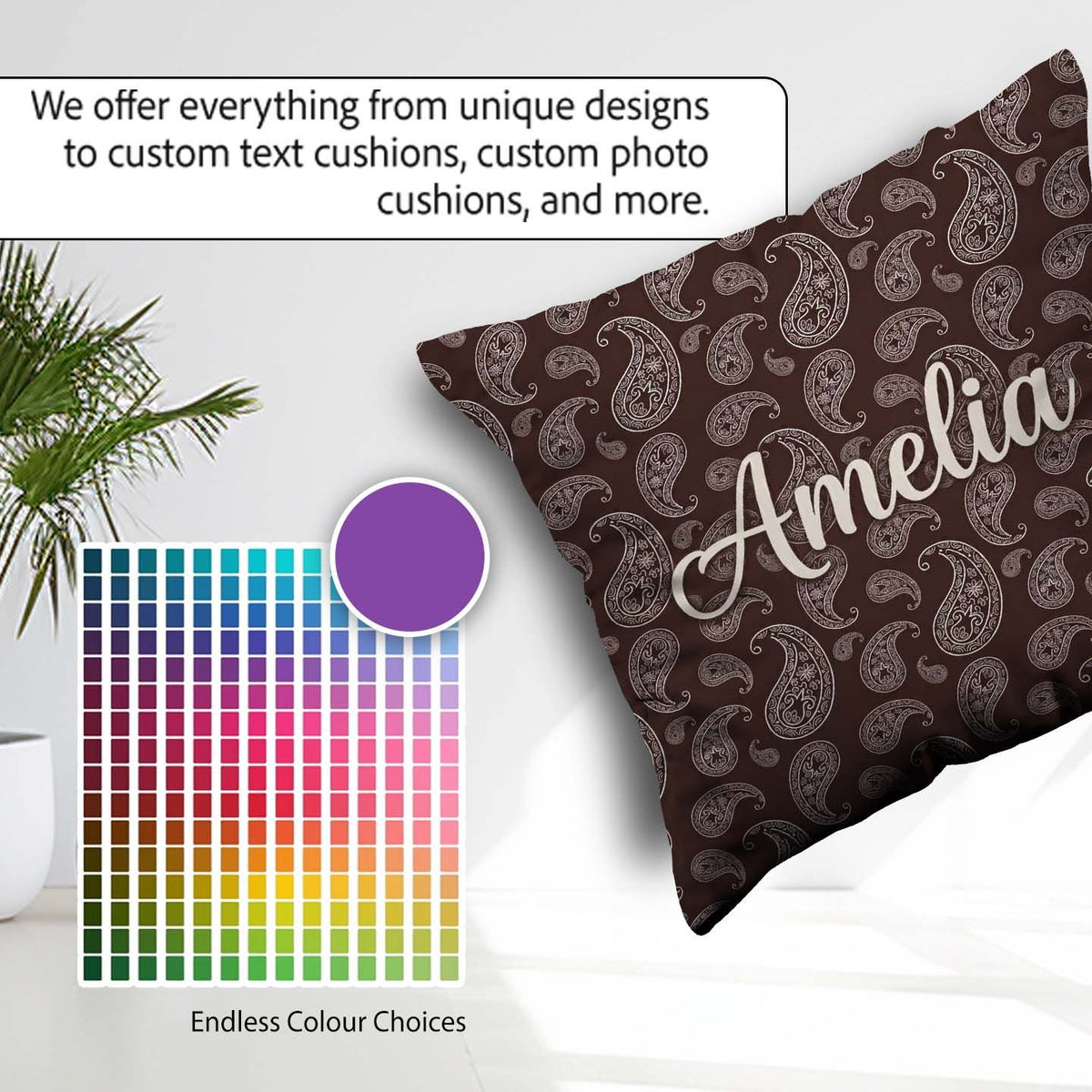 Custom Name Elegant White Paisley Deep Chocolate Brown Gradient Square Filled Cushion Throw Pillow Sofa Bed Home Decor Zip Washable UK Made