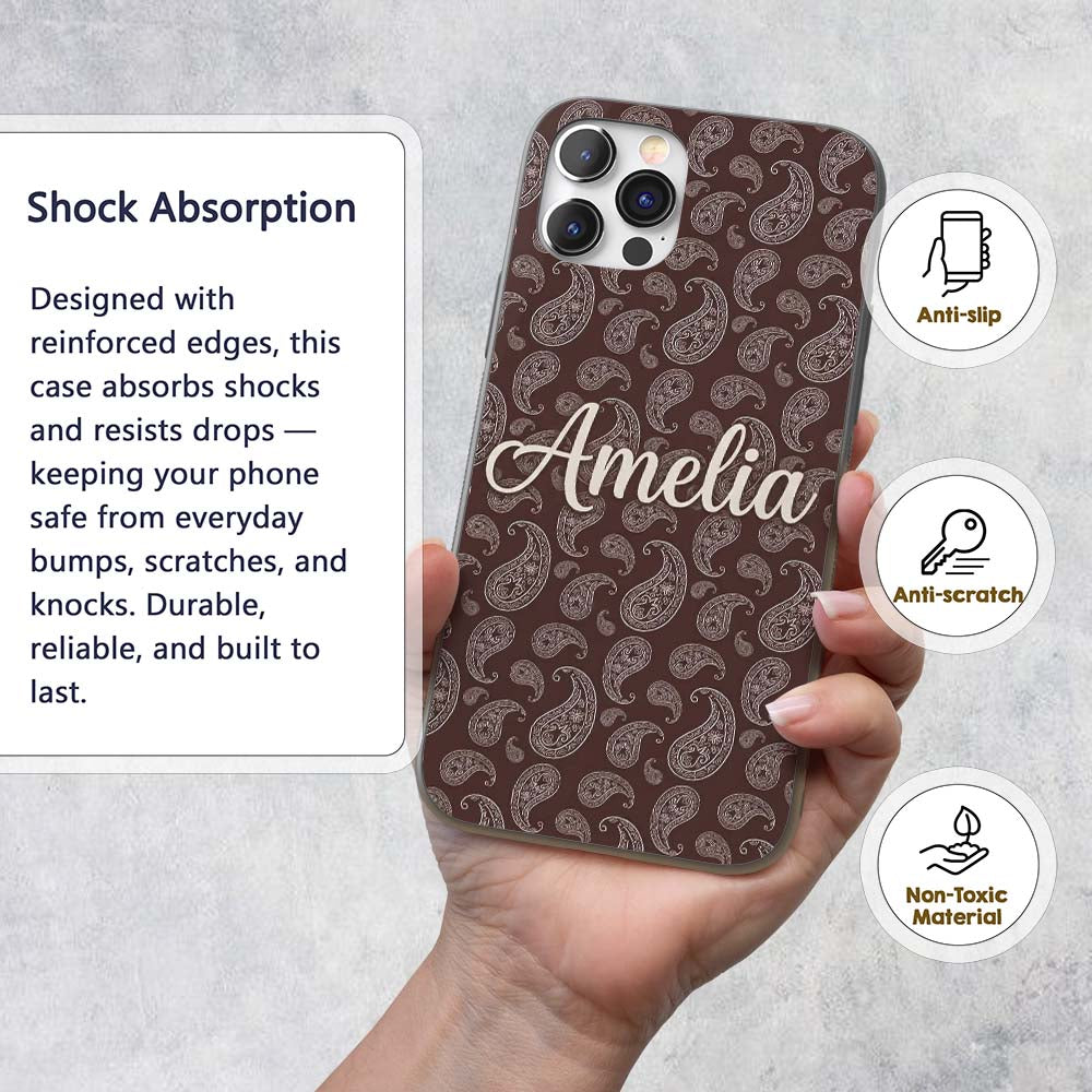 Elegant White Paisley Pattern Deep Chocolate Custom Name Protective Phone Case Mobile Cover Durable Everyday Smartphone Shock Resistant