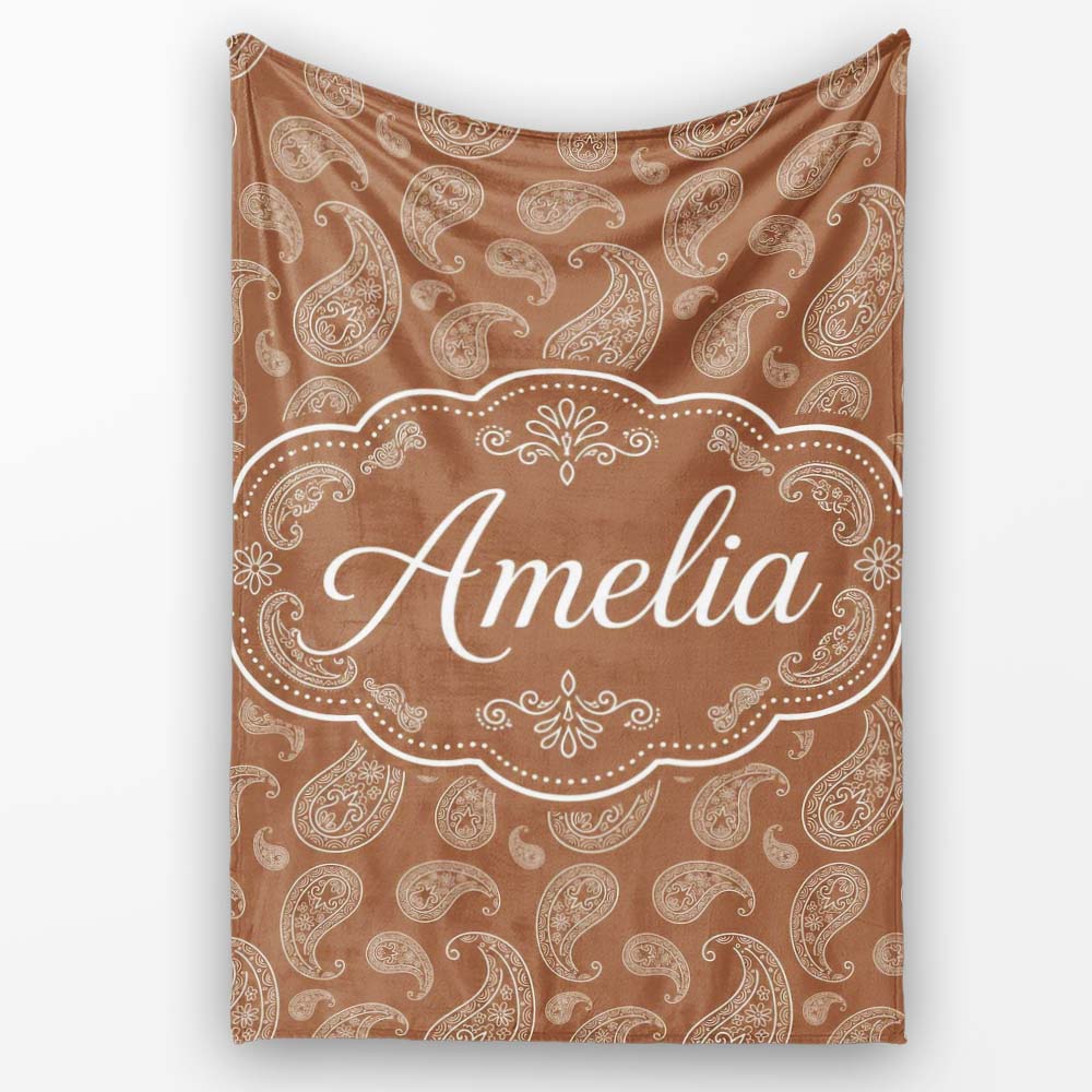 Elegant White Paisley Pattern Warm Caramel Brown Gradient Personalised Custom Name Super Soft Fleece Blanket Bed Sofa Throw