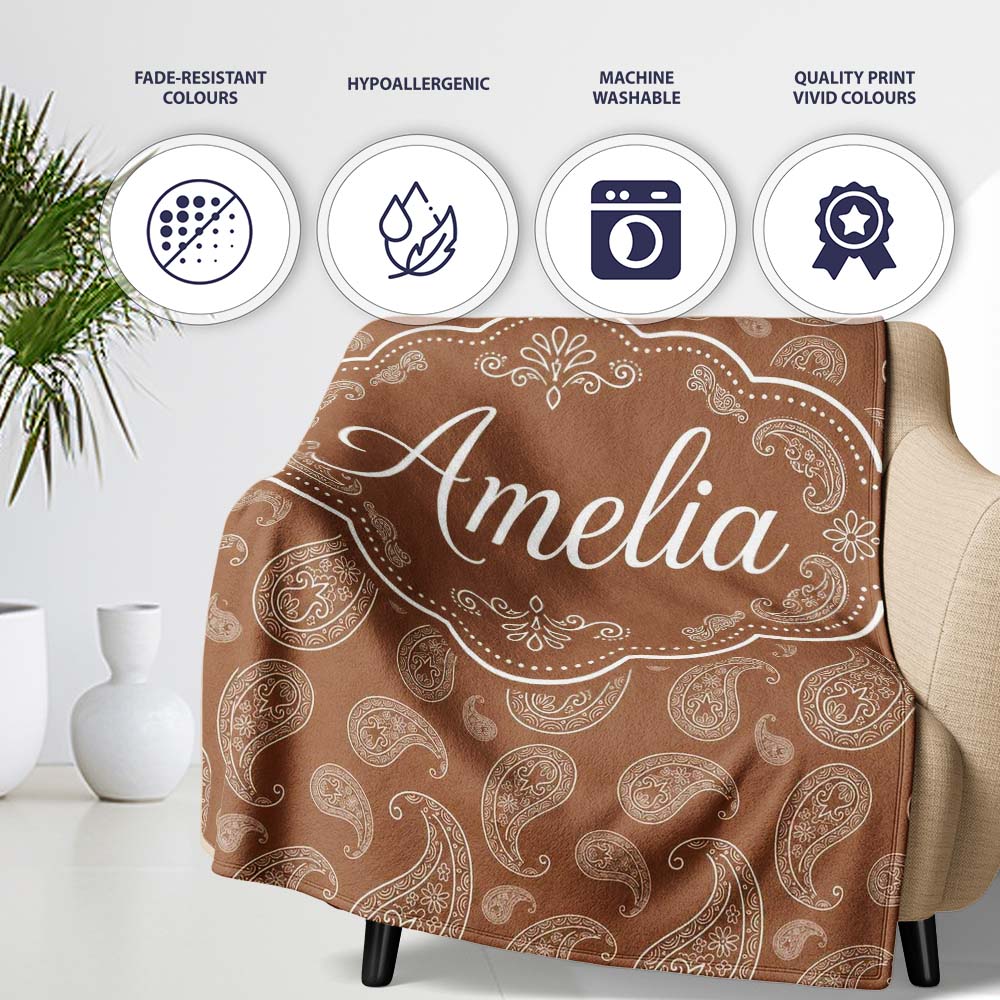Elegant White Paisley Pattern Warm Caramel Brown Gradient Personalised Custom Name Super Soft Fleece Blanket Bed Sofa Throw