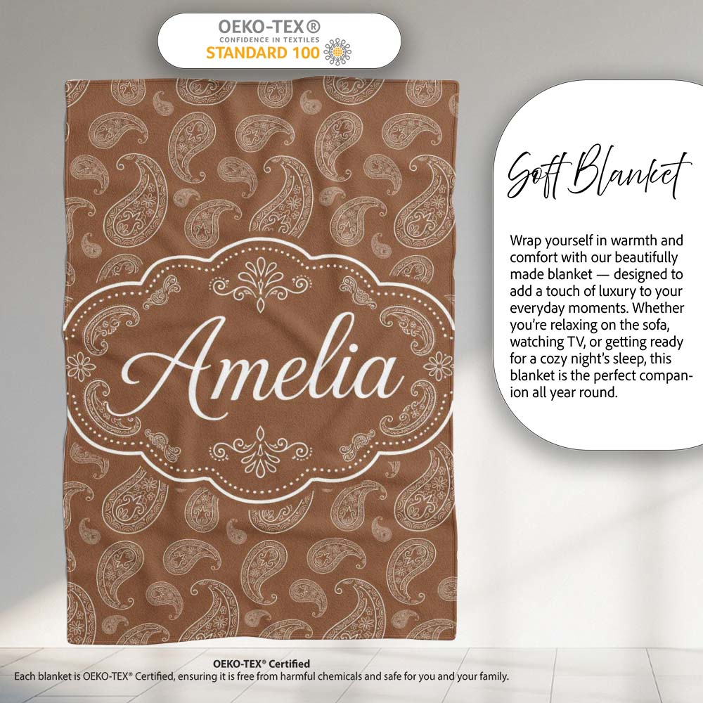 Elegant White Paisley Pattern Warm Caramel Brown Gradient Personalised Custom Name Super Soft Fleece Blanket Bed Sofa Throw