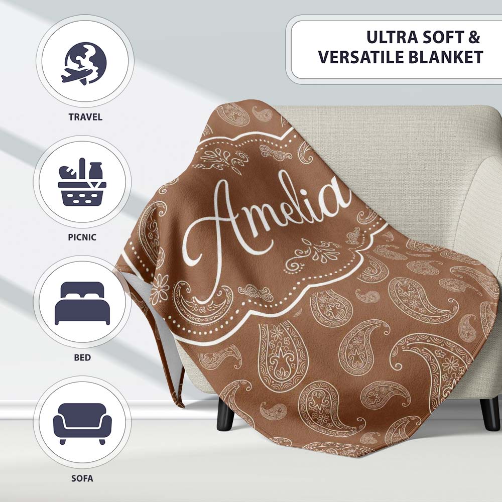 Elegant White Paisley Pattern Warm Caramel Brown Gradient Personalised Custom Name Super Soft Fleece Blanket Bed Sofa Throw