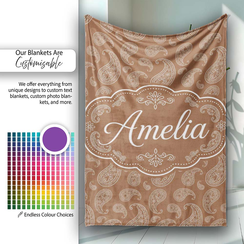 Elegant White Paisley Pattern Warm Caramel Brown Gradient Personalised Custom Name Super Soft Fleece Blanket Bed Sofa Throw