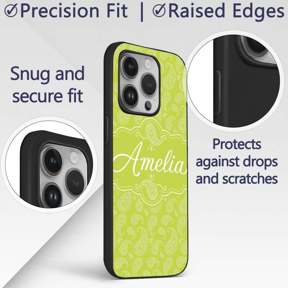 Elegant White Paisley Pattern Printed Design Custom Name Protective Phone Case Mobile Cover Durable Everyday Smartphone Shock Resistant
