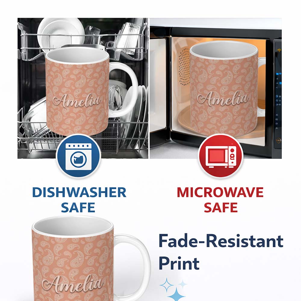 Personalized Custom Name Elegant White Paisley Pattern Warm Beige Brown Gradient Background 11oz Ceramic Coffee Tea Mug White Large Handle