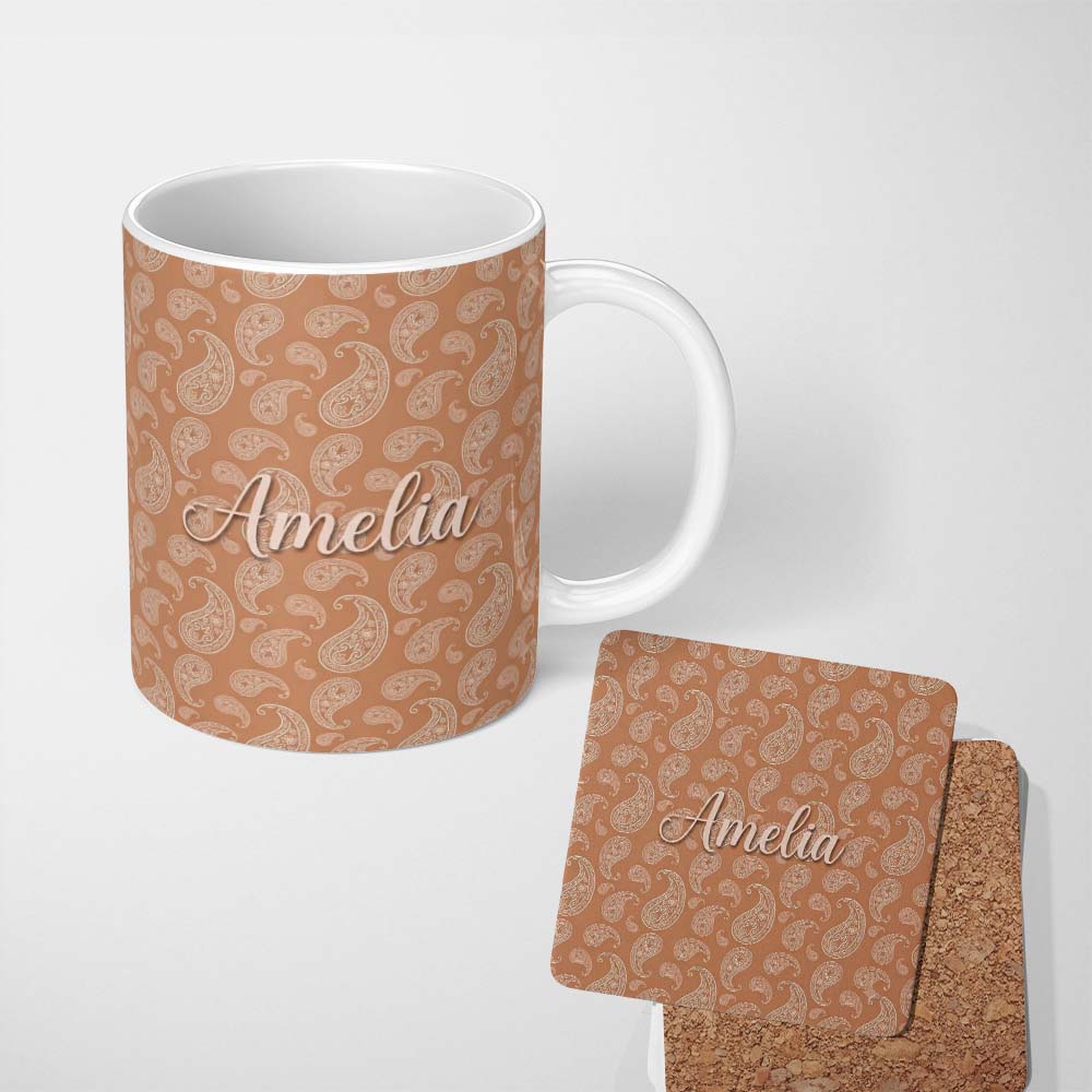 Personalized Custom Name Elegant White Paisley Pattern Golden Tan Gradient Background 11oz Ceramic Coffee Tea Mug White Large Handle