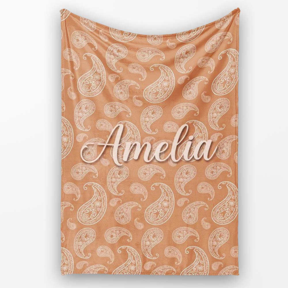 Elegant White Paisley Pattern Golden Tan Gradient Background Personalised Custom Name Super Soft Fleece Blanket Bed Sofa Throw