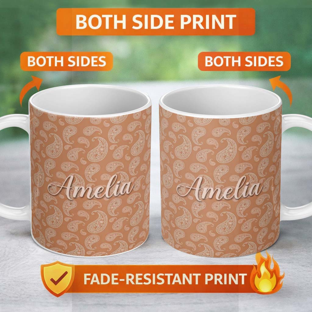 Personalized Custom Name Elegant White Paisley Pattern Golden Tan Gradient Background 11oz Ceramic Coffee Tea Mug White Large Handle