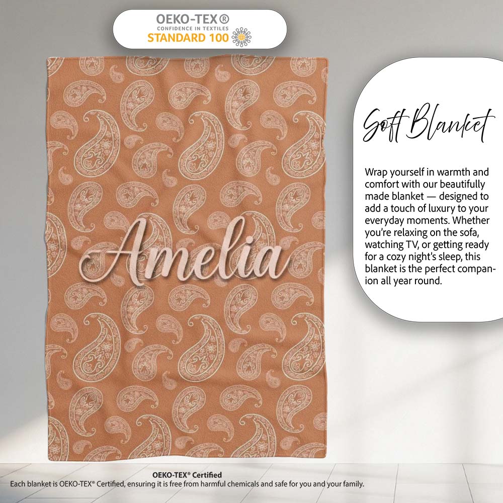 Elegant White Paisley Pattern Golden Tan Gradient Background Personalised Custom Name Super Soft Fleece Blanket Bed Sofa Throw