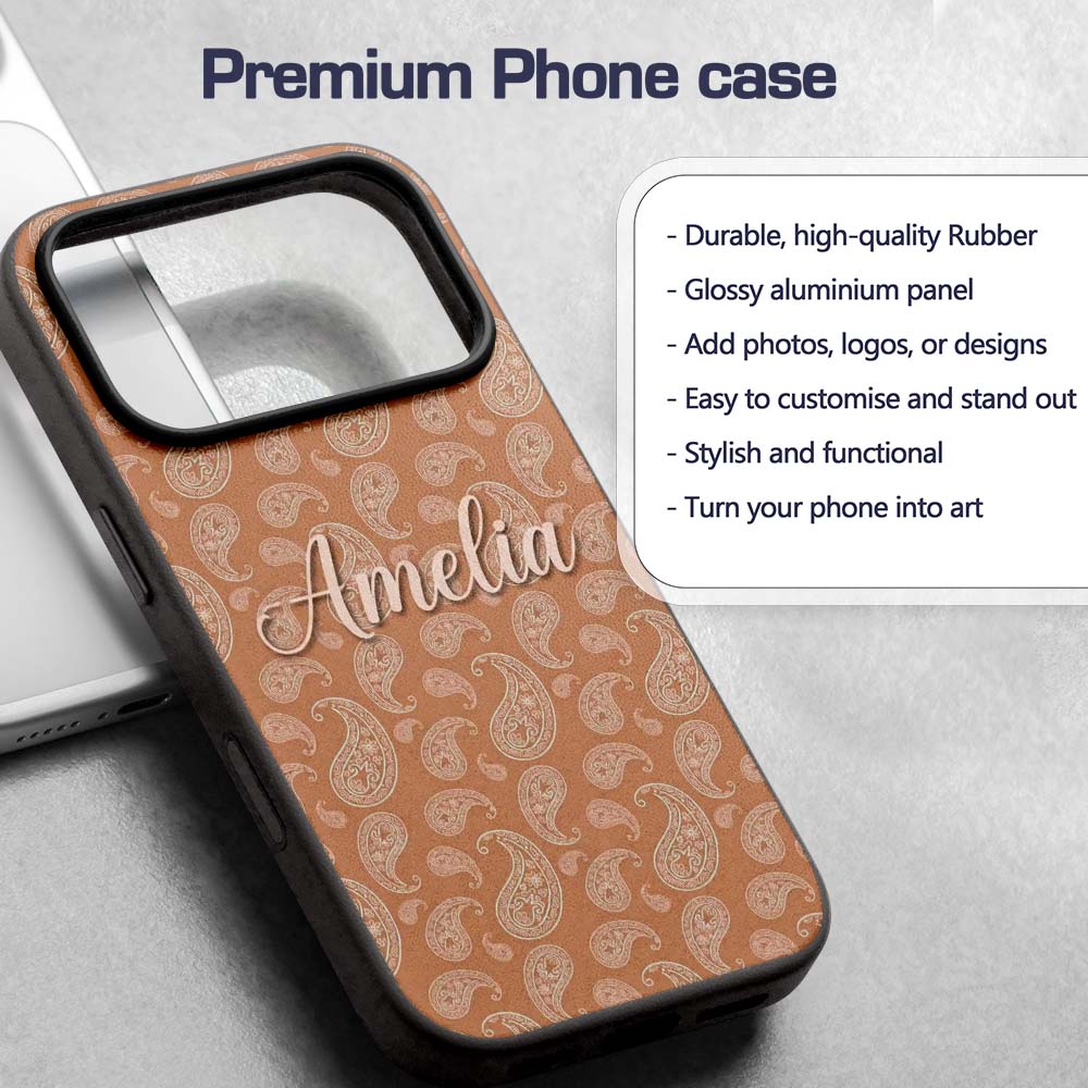 Elegant White Paisley Pattern Golden Tan Gradient Custom Name Protective Phone Case Mobile Cover Durable Everyday Smartphone Shock Resistant
