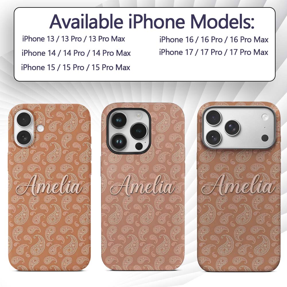Elegant White Paisley Pattern Golden Tan Gradient Custom Name Protective Phone Case Mobile Cover Durable Everyday Smartphone Shock Resistant