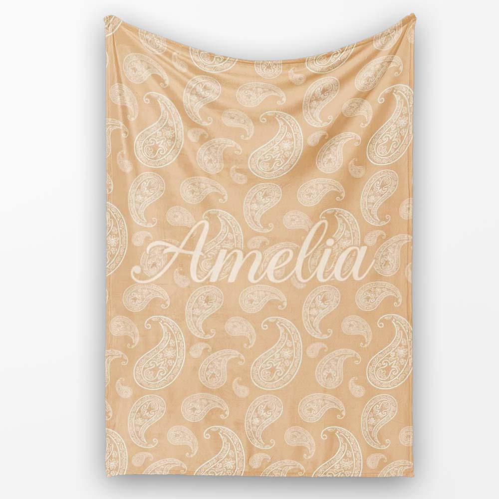 Elegant White Paisley Pattern Soft Golden Beige Gradient Background Personalised Custom Name Super Soft Fleece Blanket Bed Sofa Throw