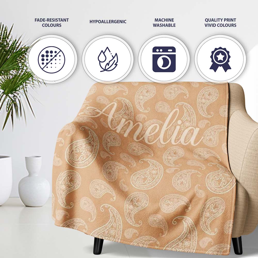 Elegant White Paisley Pattern Soft Golden Beige Gradient Background Personalised Custom Name Super Soft Fleece Blanket Bed Sofa Throw