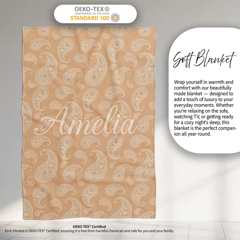 Elegant White Paisley Pattern Soft Golden Beige Gradient Background Personalised Custom Name Super Soft Fleece Blanket Bed Sofa Throw