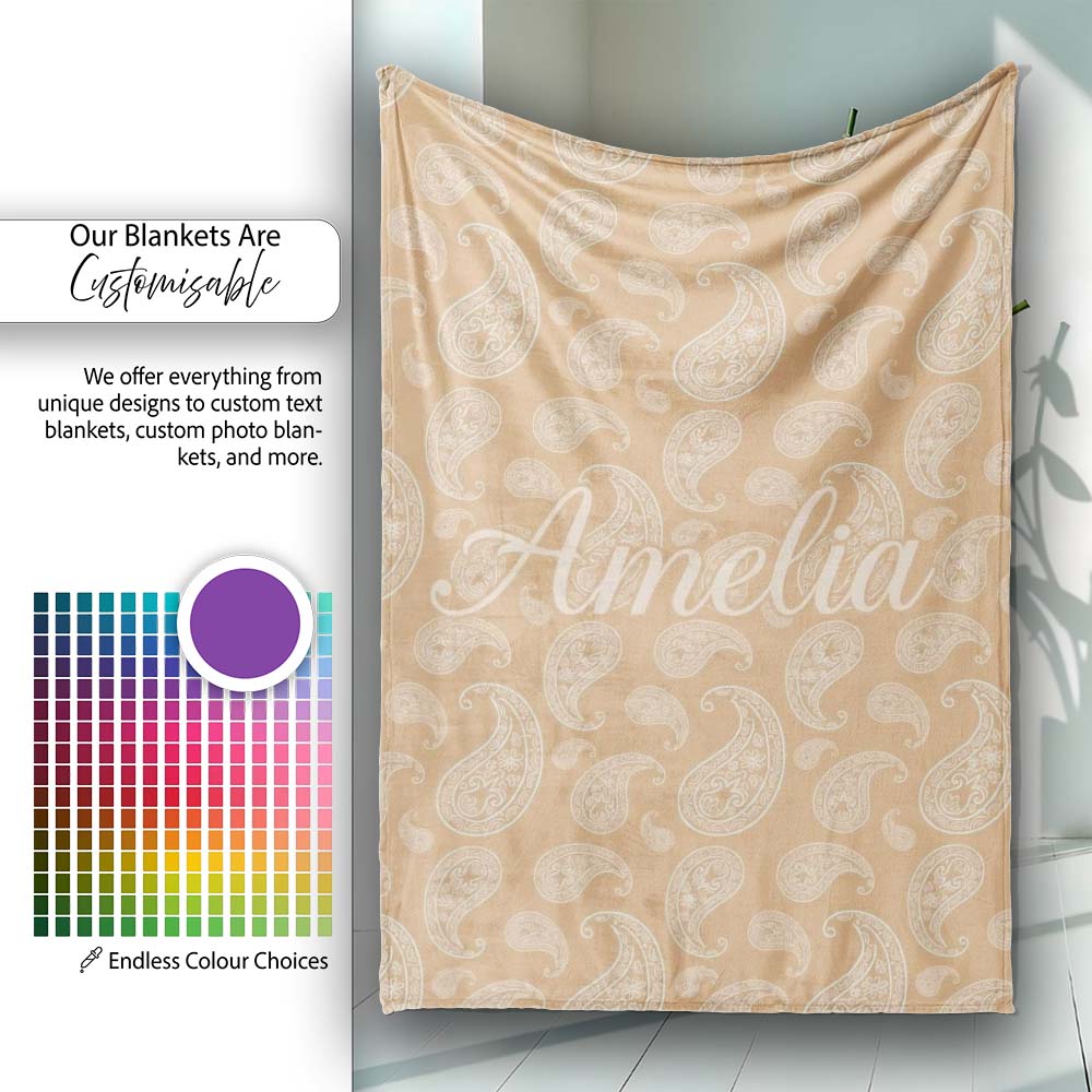 Elegant White Paisley Pattern Soft Golden Beige Gradient Background Personalised Custom Name Super Soft Fleece Blanket Bed Sofa Throw