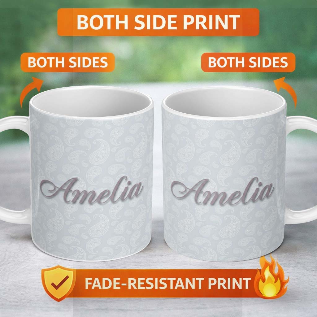 Personalized Custom Name Elegant White Paisley Pattern Smooth Silver Grey Gradient 11oz Ceramic Coffee Tea Mug White Large Handle