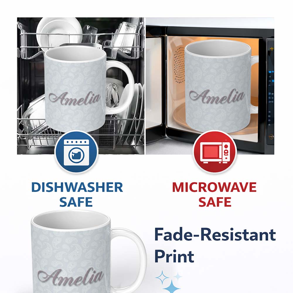 Personalized Custom Name Elegant White Paisley Pattern Smooth Silver Grey Gradient 11oz Ceramic Coffee Tea Mug White Large Handle