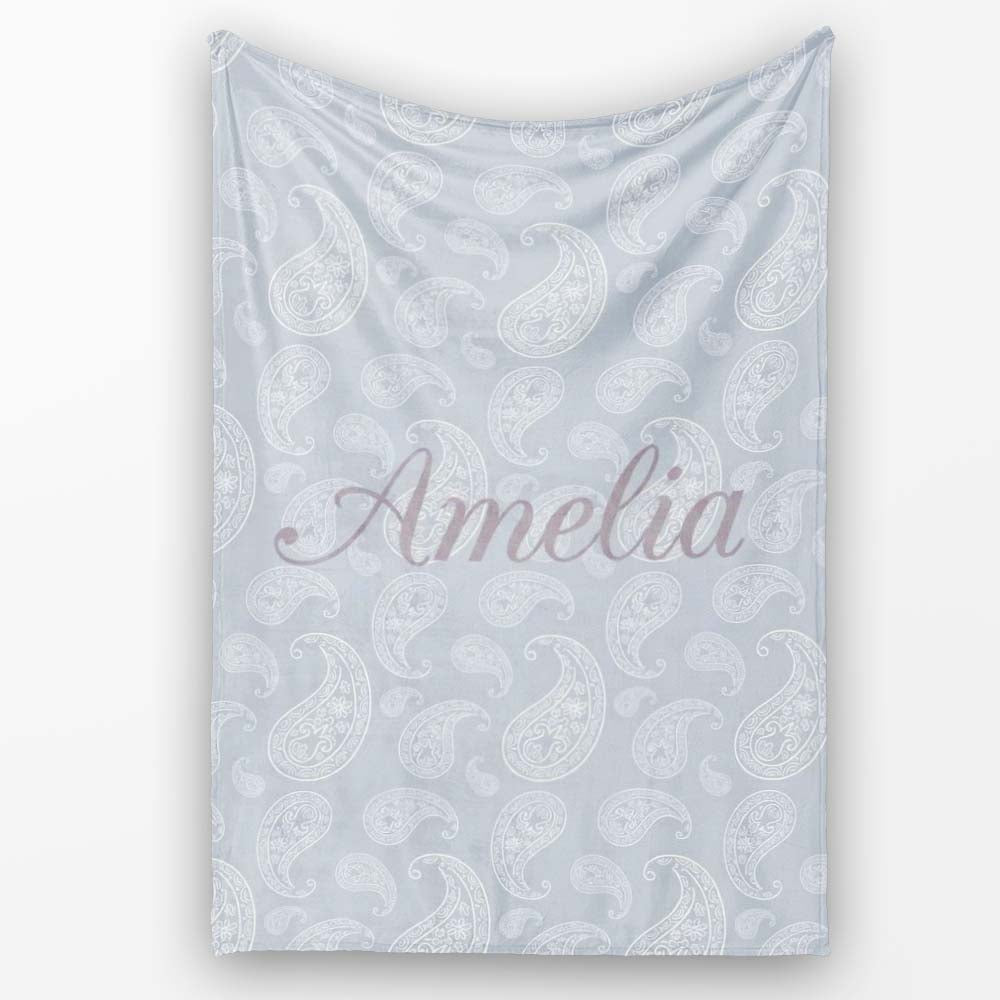 Elegant White Paisley Pattern Cool Steel Grey Gradient Background Personalised Custom Name Super Soft Fleece Blanket Bed Sofa Throw