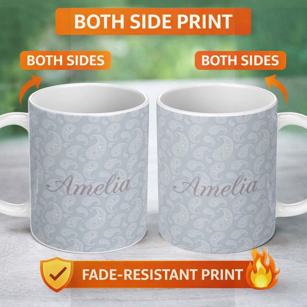 Personalized Custom Name Elegant White Paisley Pattern Cool Steel Grey Gradient Background 11oz Ceramic Coffee Tea Mug White Large Handle
