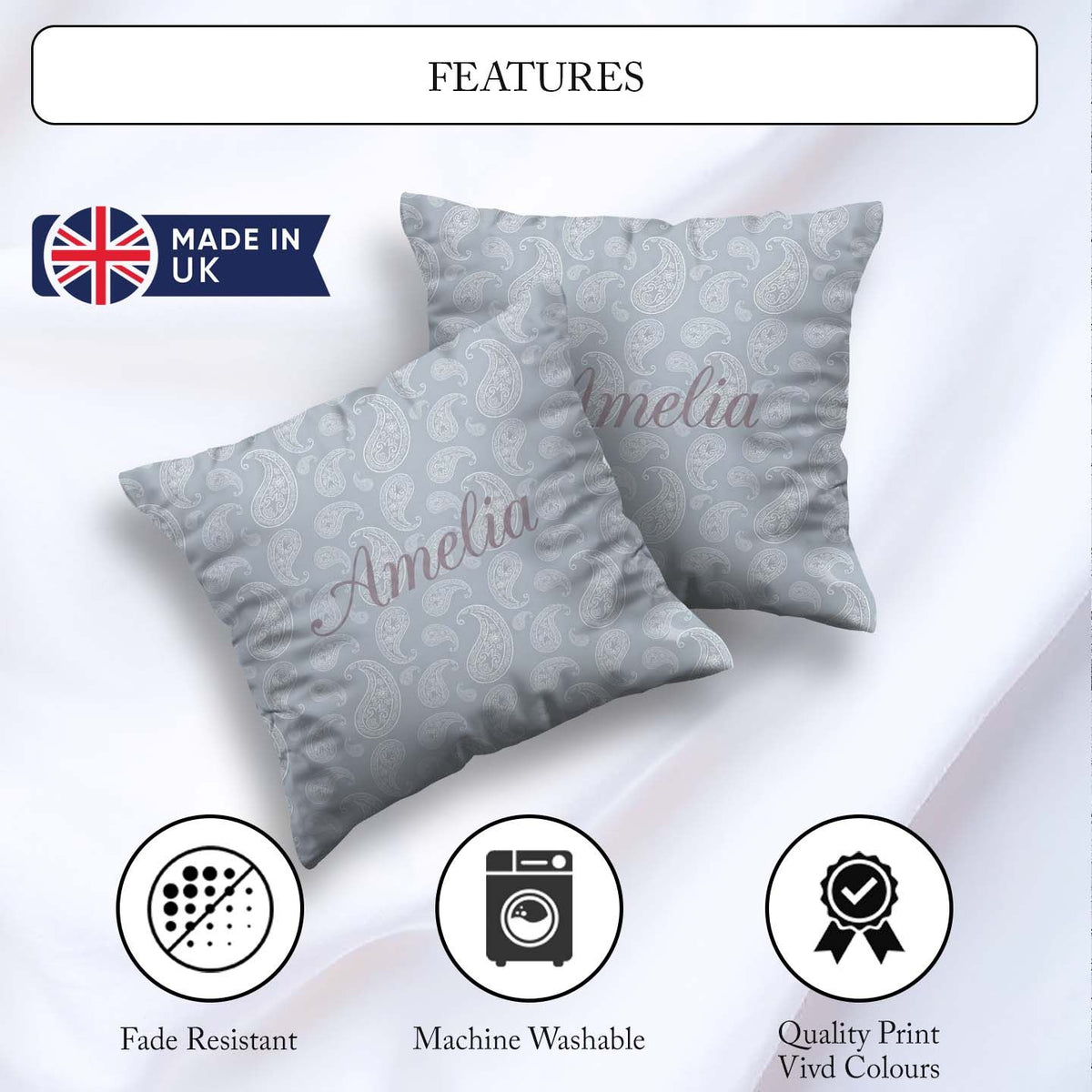 Custom Name Elegant White Paisley Cool Steel Gradient Background Square Filled Cushion Throw Pillow Sofa Bed Home Decor Zip Washable UK Made