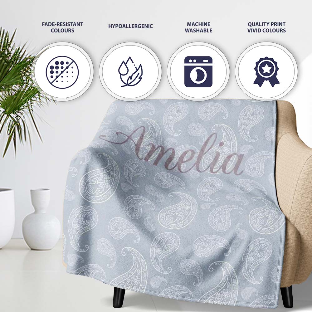 Elegant White Paisley Pattern Cool Steel Grey Gradient Background Personalised Custom Name Super Soft Fleece Blanket Bed Sofa Throw