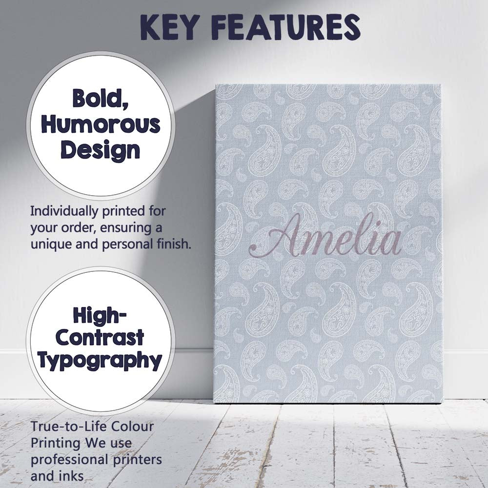 Personalised Name Elegant White Paisley Custom Unique Gift Idea Modern Room Accent Canvas Wall Art Print Decor Picture Ready to Hang