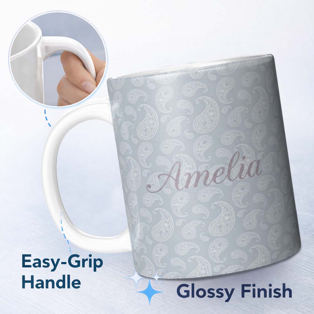 Personalized Custom Name Elegant White Paisley Pattern Cool Steel Grey Gradient Background 11oz Ceramic Coffee Tea Mug White Large Handle