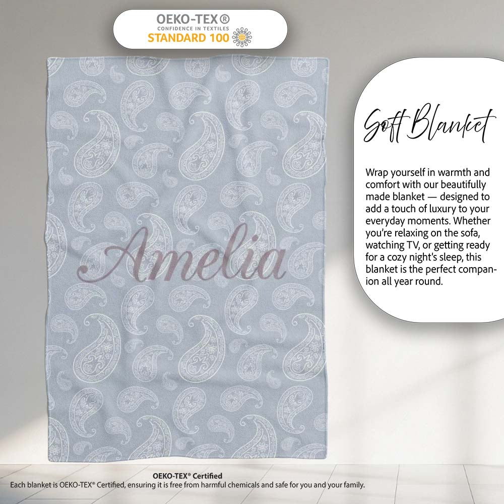 Elegant White Paisley Pattern Cool Steel Grey Gradient Background Personalised Custom Name Super Soft Fleece Blanket Bed Sofa Throw