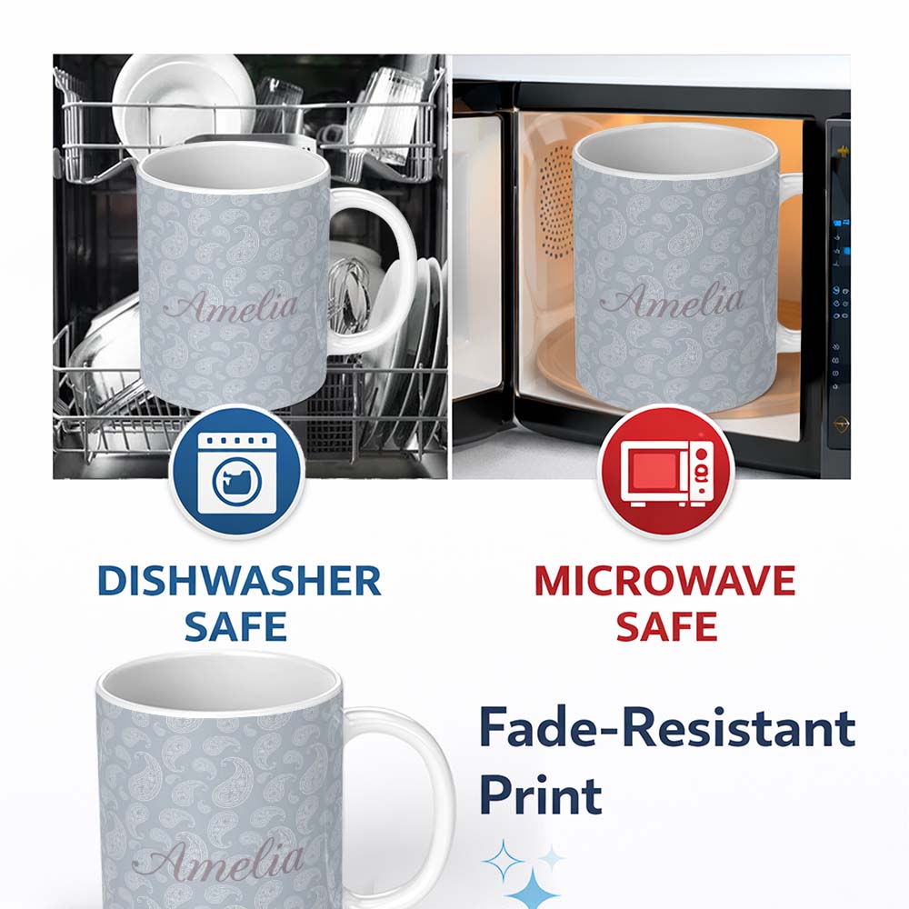 Personalized Custom Name Elegant White Paisley Pattern Cool Steel Grey Gradient Background 11oz Ceramic Coffee Tea Mug White Large Handle