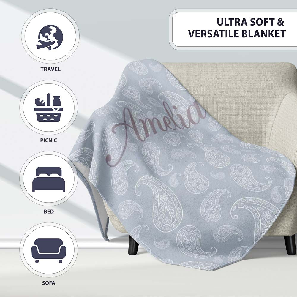 Elegant White Paisley Pattern Cool Steel Grey Gradient Background Personalised Custom Name Super Soft Fleece Blanket Bed Sofa Throw