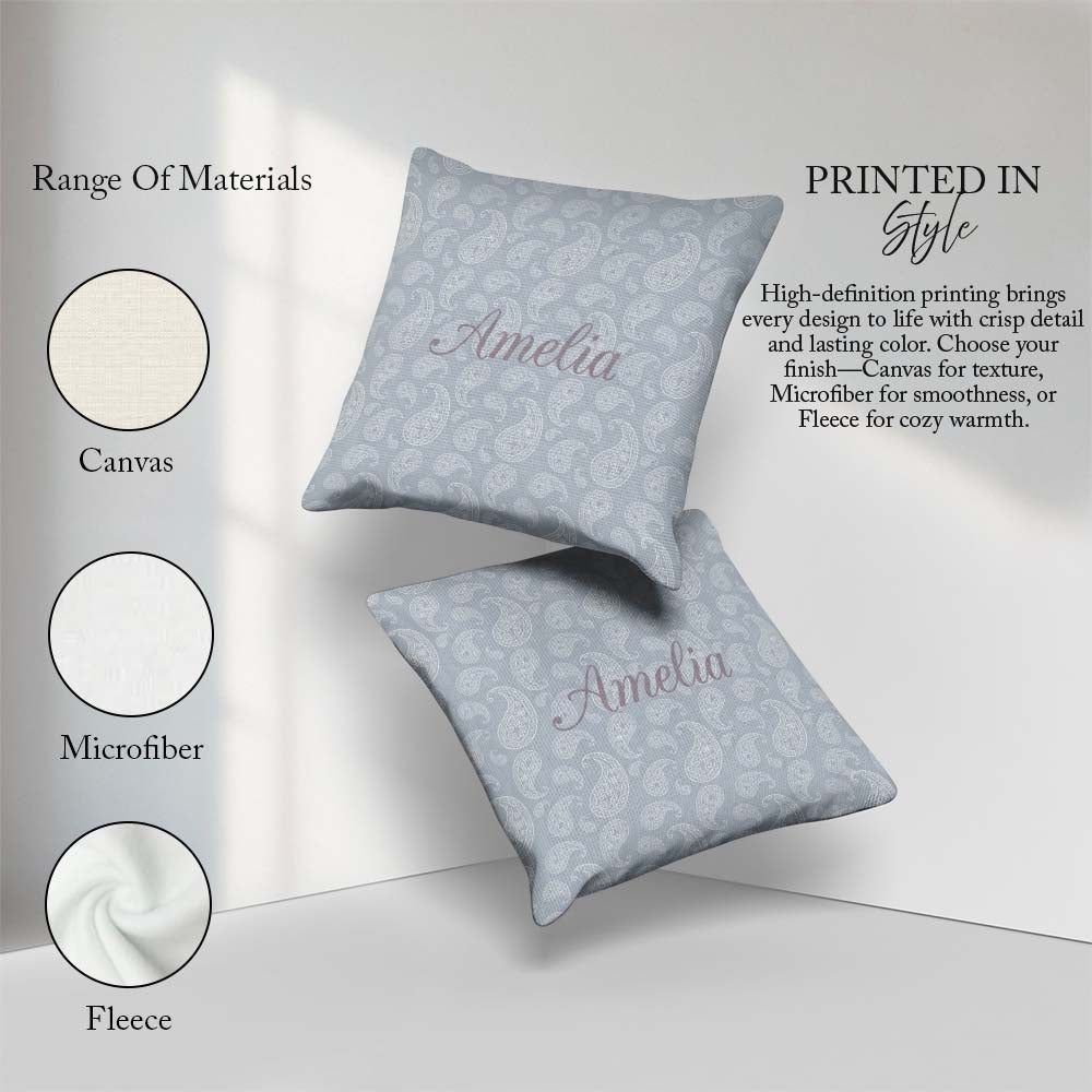Custom Name Elegant White Paisley Cool Steel Gradient Background Square Filled Cushion Throw Pillow Sofa Bed Home Decor Zip Washable UK Made