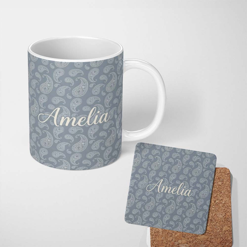 Personalized Custom Name Elegant White Paisley Pattern Muted Slate Grey Gradient Background 11oz Ceramic Coffee Tea Mug White Large Handle