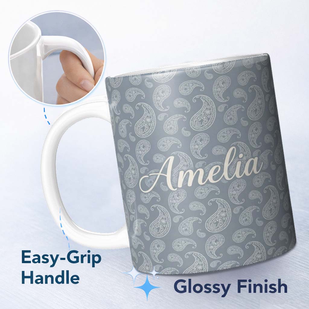 Personalized Custom Name Elegant White Paisley Pattern Muted Slate Grey Gradient Background 11oz Ceramic Coffee Tea Mug White Large Handle