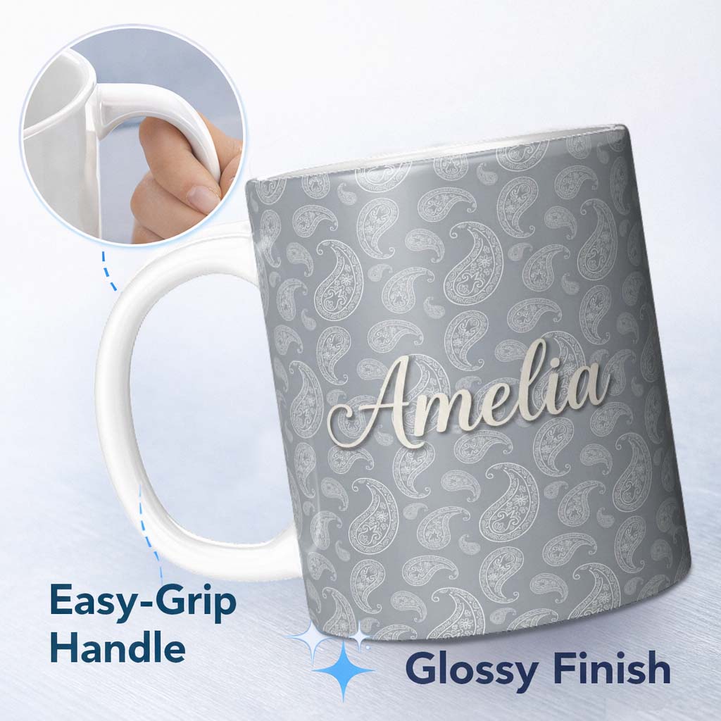 Personalized Custom Name Elegant White Paisley Pattern Deep Charcoal Grey Gradient 11oz Ceramic Coffee Tea Mug White Large Handle