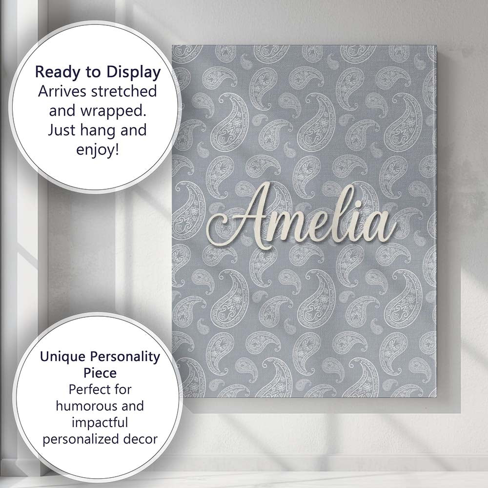 Personalised Name Elegant White Paisley Custom Unique Gift Idea Modern Room Accent Canvas Wall Art Print Decor Picture Ready to Hang