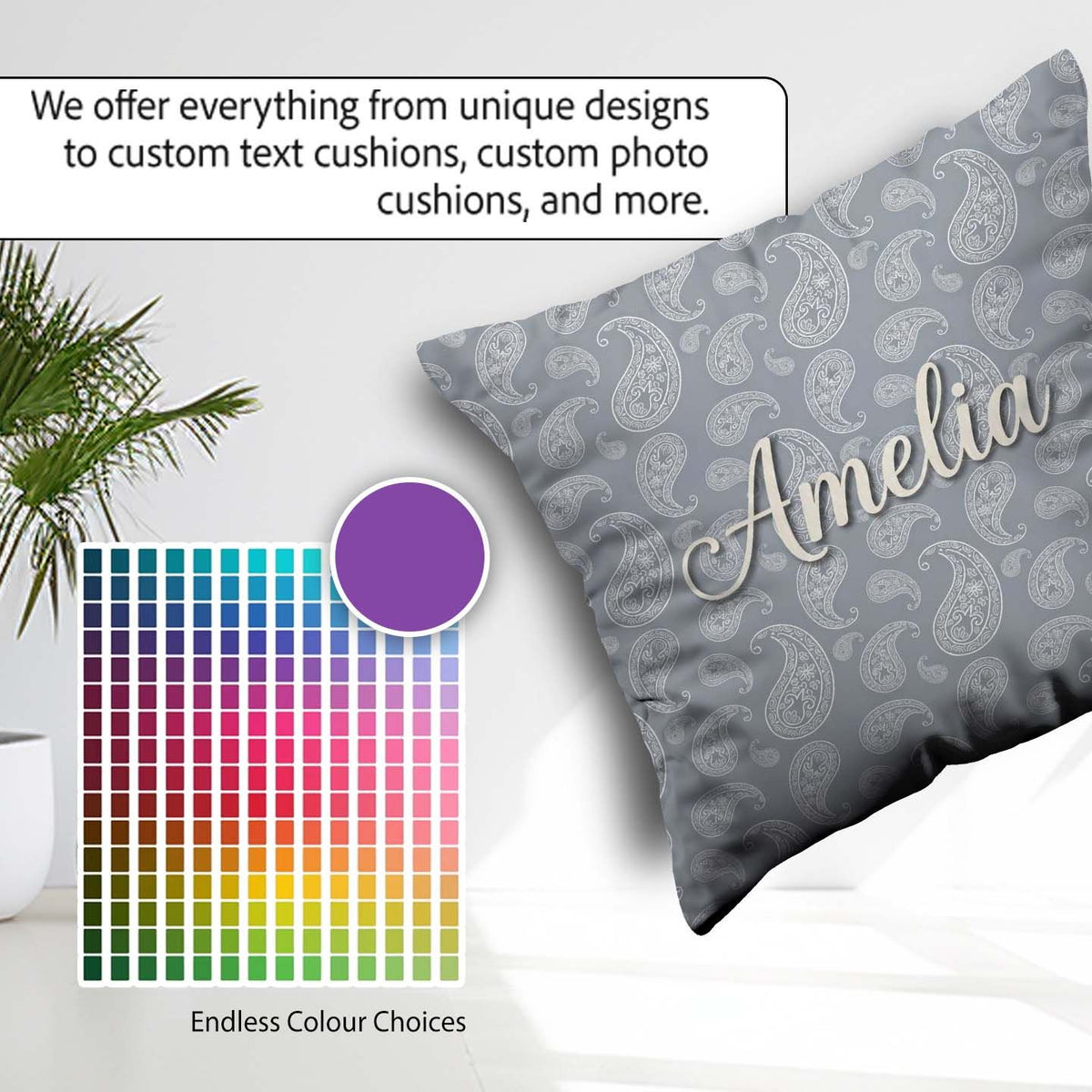 Custom Name Elegant White Paisley Pattern Deep Charcoal Gradient Square Filled Cushion Throw Pillow Sofa Bed Home Decor Zip Washable UK Made