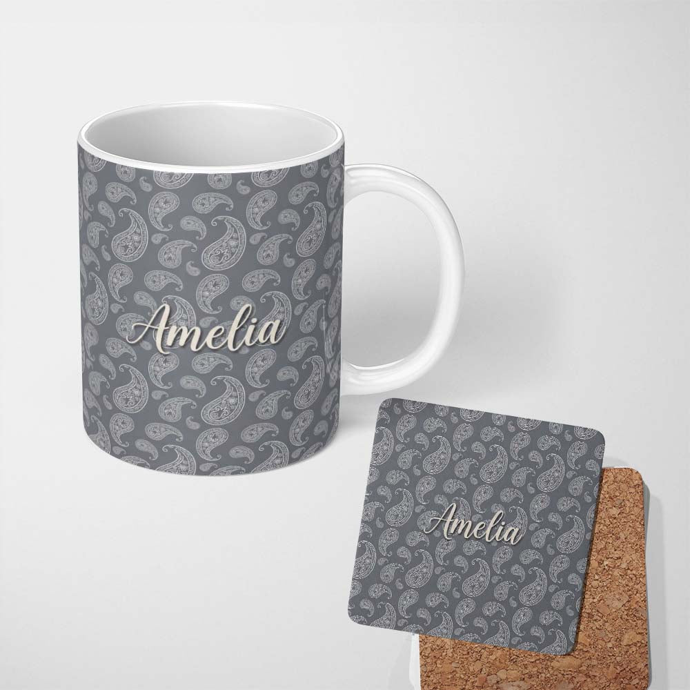 Personalized Custom Name Elegant White Paisley Pattern Dark Graphite Grey Gradient 11oz Ceramic Coffee Tea Mug White Large Handle