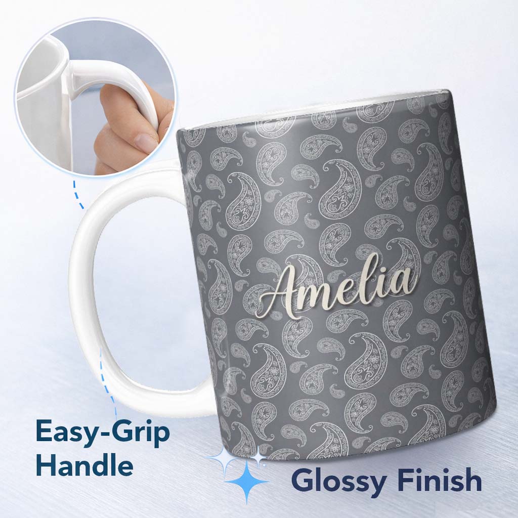 Personalized Custom Name Elegant White Paisley Pattern Dark Graphite Grey Gradient 11oz Ceramic Coffee Tea Mug White Large Handle