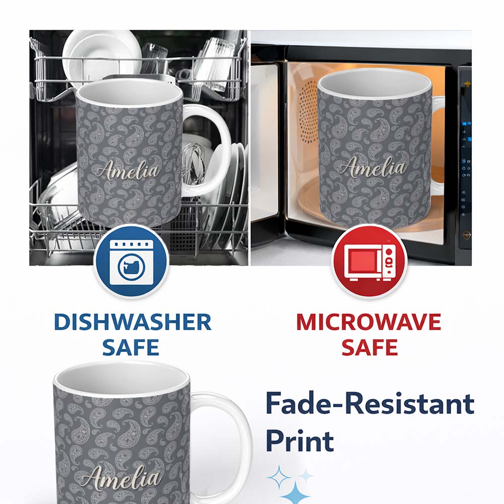 Personalized Custom Name Elegant White Paisley Pattern Dark Graphite Grey Gradient 11oz Ceramic Coffee Tea Mug White Large Handle