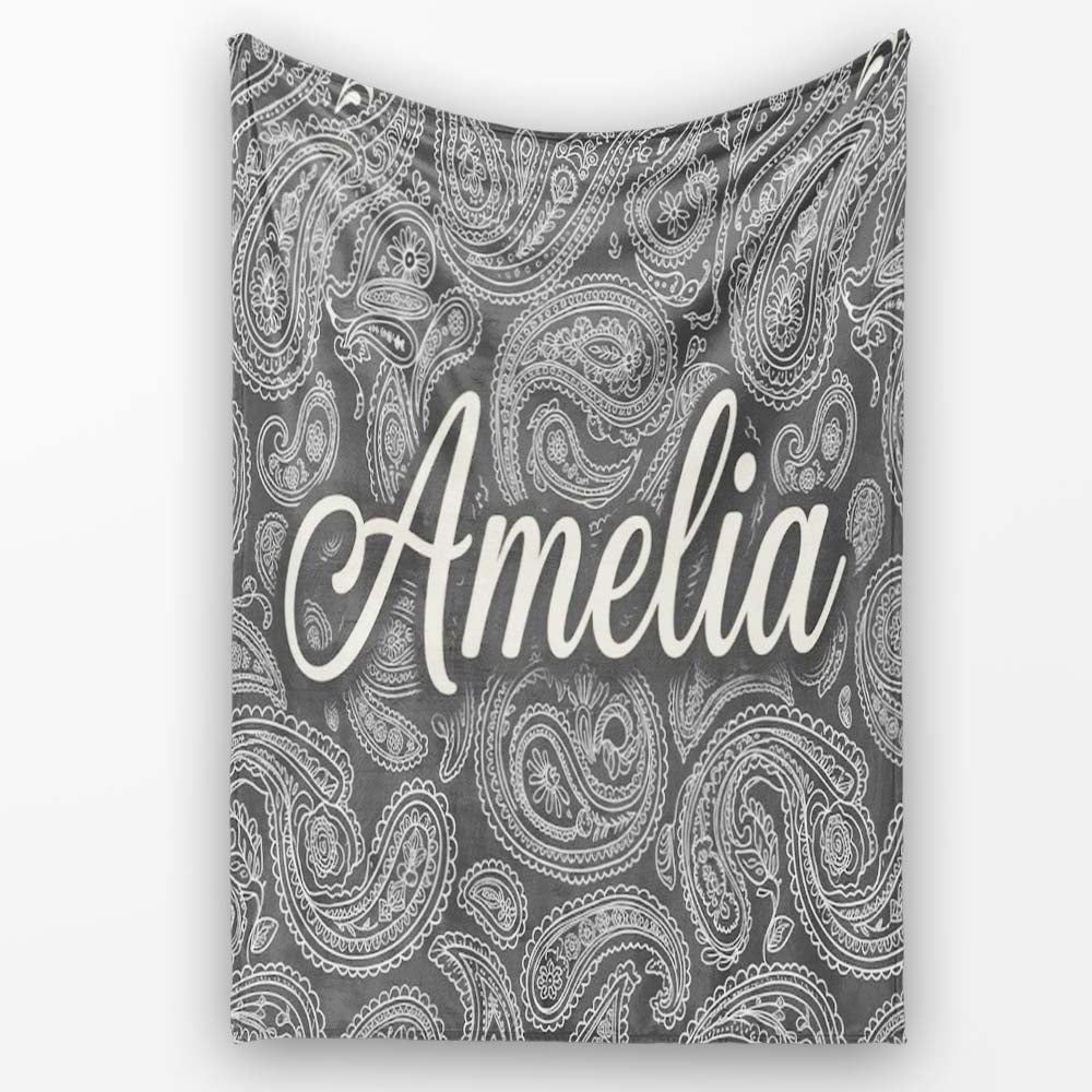 Elegant White Paisley Pattern Rich Black Grey Gradient Background Personalised Custom Name Super Soft Fleece Blanket Bed Sofa Throw