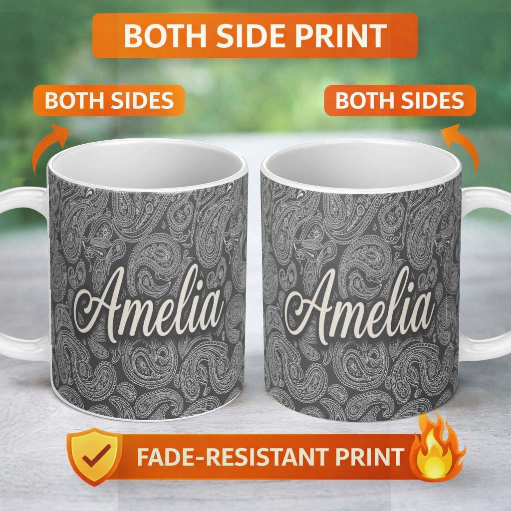 Personalized Custom Name Elegant White Paisley Pattern Rich Black Grey Gradient Background 11oz Ceramic Coffee Tea Mug White Large Handle